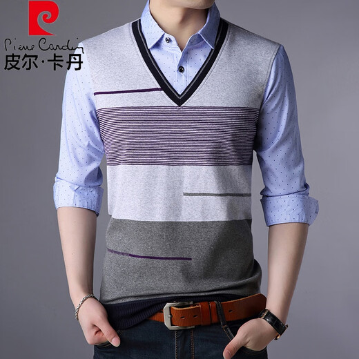 皮尔卡丹（pierre cardin）春秋季中年男t恤薄款衬衫领长袖休闲假两件套男装小衫春季上衣服 3879蓝色 L 170/50(120-140斤)