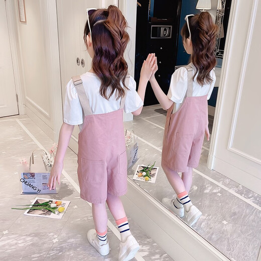 小咕嘟熊童装女童套装夏装中大儿童装休闲短袖两件套小女孩衣服背带裤服装 粉色 160