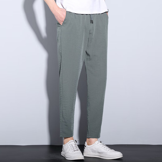 Hunpai Wolf Summer Thin Cropped Pants Men Fashionable Men's Casual Pants Lightweight Pants Trendy Elastic Feet 9-point Pants Cropped Pants R3884 Gray Green Ultra-Thin Style 2XL