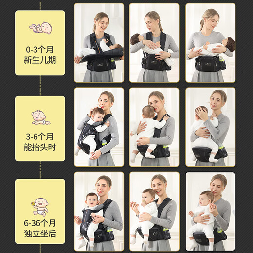 纽贝乐（NewBealer）婴儿背带腰凳双肩横抱式抱娃神器新生儿摇篮宝宝多功能前抱式抱带 伊亚晶黑：双肩横抱，新生儿摇篮