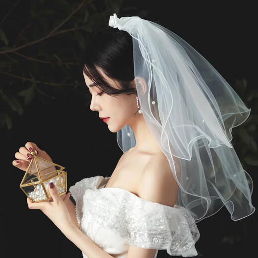 BBS Veil Proposal and Certificate Bride's Confession Photography Birthday Chinese Valentine's Day Bow Pearl Photo Photo Props Double-layer Pearl Veil-Hair Comb Type