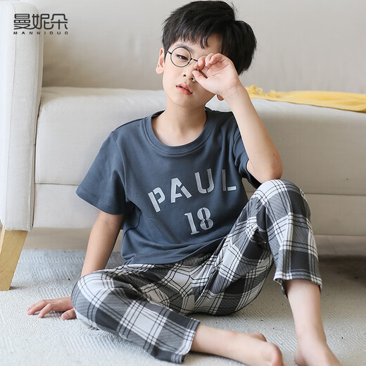 
Mannido pajamas men's summer pure cotton short-sleeved trousers thin boys 2024 new men's big children and teenagers' home N9903 [short length] 16 size recommended 135-145cm