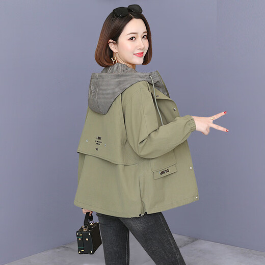 艾柔丹春秋短外套女装秋季新款休闲宽松百搭风衣女韩版连帽夹克短款上衣 草绿色 XL
