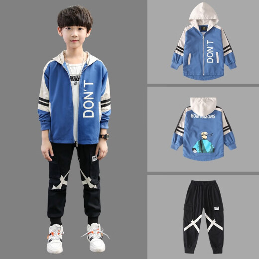 Xiao Lingtou children's clothing boys' suits spring and autumn 2021 new children's suits medium and large children's long-sleeved cardigan casual jacket pants two-piece set little boy's style Korean style clothes trendy blue 150 yards (suitable for height around 140)