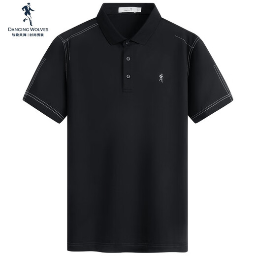 Tanzen mit Wölfen [mit Mulberry Seide] Helle Linie kurzärmeliges T-Shirt für Männer 2025 Sommermodal atmungsaktives kühles Polo-Hemd 6187 Schwarz 001 s (165)