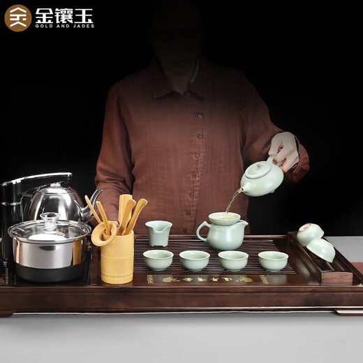 Gold inlaid jade Kung Fu tea set with tea tray, one-piece ceramic Ru kiln tea making machine, automatic water supply electric kettle, Lian Yu