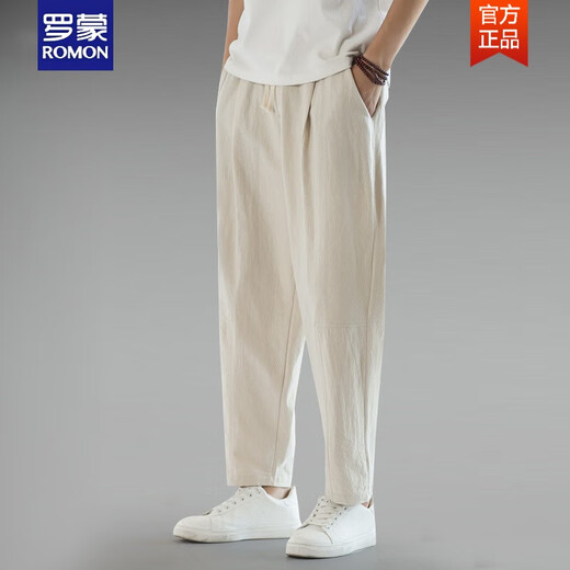 罗蒙（ROMON）夏季薄款中国风大码棉麻九分裤男宽松亚麻休闲裤哈伦裤9分裤男裤 浅灰色 L