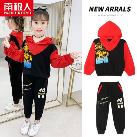 Nanjiren Girls Suit Children's Suit Children's Clothes 2022 Spring Women's Spring Autumn Clothing Hooded Printed Korean Style Casual Sweater Casual Pants Medium and Large Children's Two-piece Set Brand Clothes Red 140 Size Recommended to Wear Around 130cm