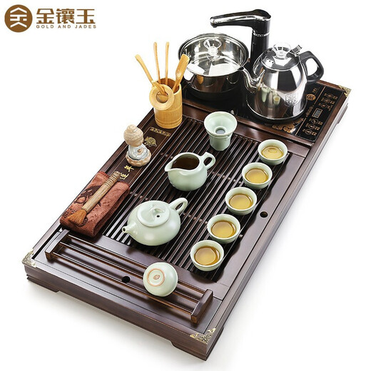 Gold inlaid jade Kung Fu tea set with tea tray, one-piece ceramic Ru kiln tea making machine, automatic water supply electric kettle, Lian Yu