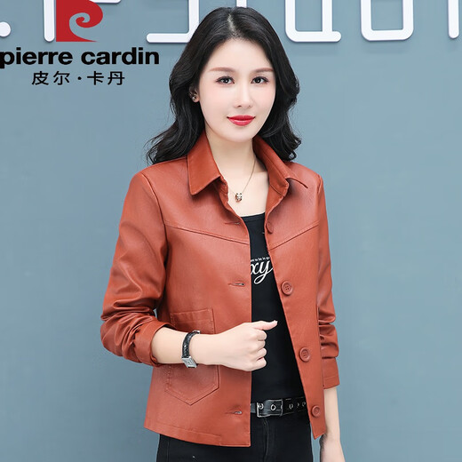 Pierre Cardin 2025 New Lapel Black Small Leather Coat Women's Short Motorcycle Versatile Slim High Waist Jacket Spring and Autumn Outfits Black XL Recommended 110-125 Jin Jin equals 0.5 kg