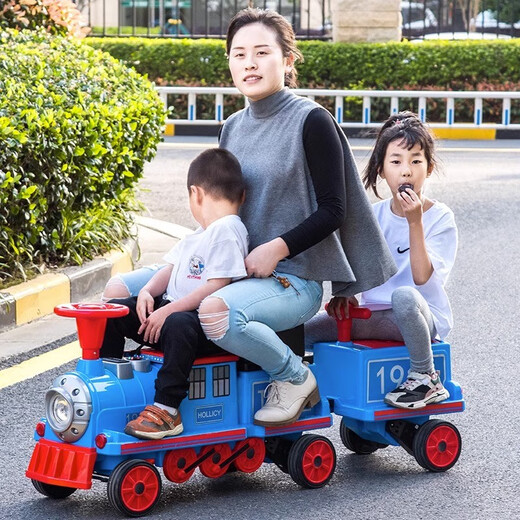 Haolaixi little train baby electric car four-wheel male and female baby can sit on the stroller children's toy cartoon rechargeable car four-wheel drive black and red + 1 car remote control + 2 sets of 12V10 large batteries + early education