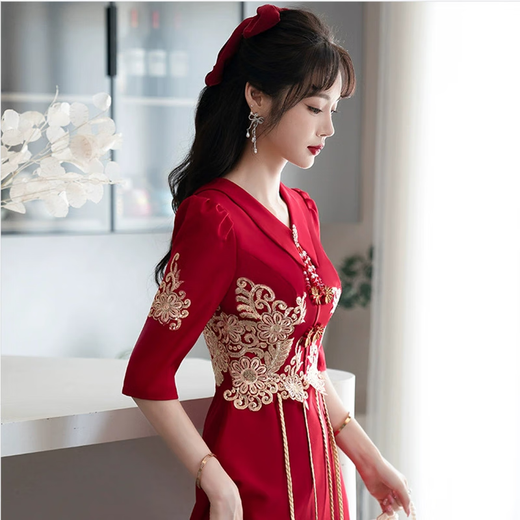 Seidler's new Chinese toast suit bride burgundy wedding evening dress can usually wear slim burgundy L (recommended 106-115Jin [Jin equals 0.5 kg])