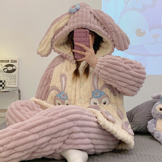 清丝坊湖南省省服女三层夹加绒加厚保暖珊瑚绒秋冬季卡通法兰绒家居套装 12046 蝴蝶结女孩 [加厚三层夹 L