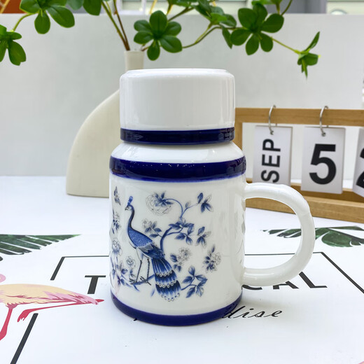 Shiju Jingdezhen Authentic Blue and White Ceramic Mug with Cover Home Office Cup Drinking Cup Teapot Tea Cup Large Capacity Peacock Southeast Flying Teapot Cup 500ml 1 piece