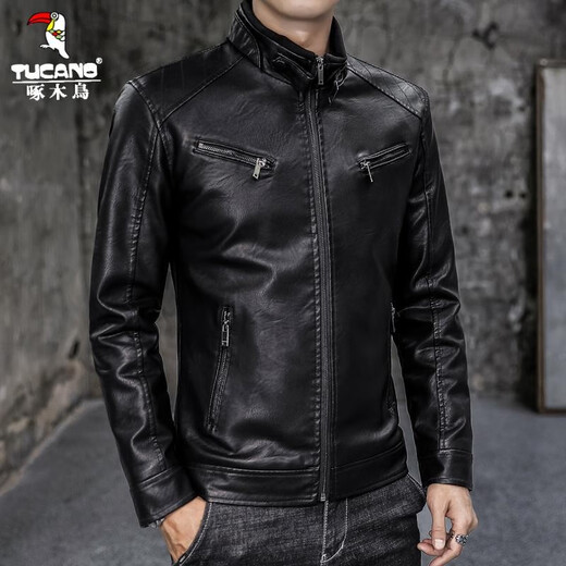 Woodpecker leather jacket men's jacket spring and autumn jacket men imitation leather PU leather motorcycle men business casual trend leather jacket men 609A black L [110-130Jin [Jin equals 0.5 kg]]