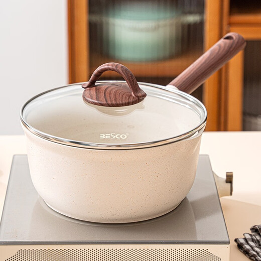 BESCO small milk pot, baby food supplement pot, baby medical stone non-stick pot, hot milk pot with steamer, noodle pot, small pot, milk pot with lid + heat conduction plate to protect the pot 20cm