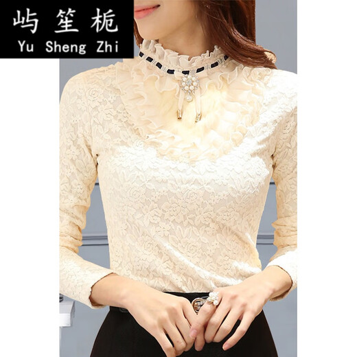 Temperamento Camisa base de encaje de vanguardia para mujeres para mujeres de manga larga más vellón otoño e invierno 2021 nueva camiseta delgada y camisa de moda versátil. Blanco 9928 más lana xl