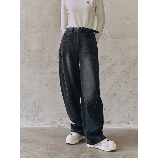 PEACEBIRD Women's Jeans High Waist Profile Scimitar Autumn and Winter Denim Velvet Banana Casual Denim Medium Black L