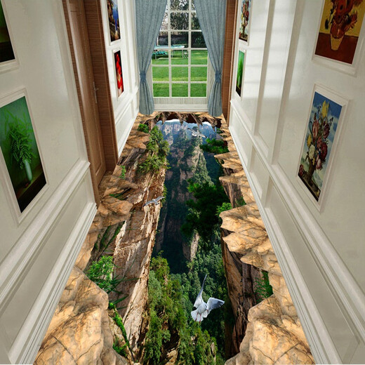 3D dizzy carpet can be cut, 3D thrilling corridor aisle carpet, long stairway carpet, fully covered custom door mat, White Bird in the Mountain, 40*60 cm, rectangular