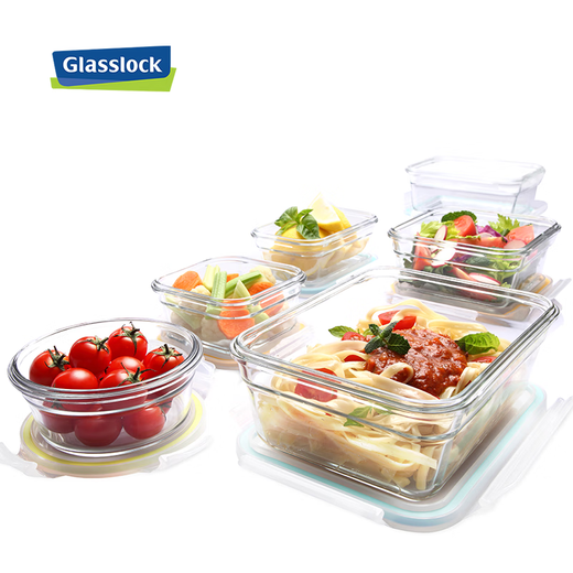 Glasslock 进口耐热钢化玻璃保鲜盒便当饭盒可微波加厚耐摔硅胶圈颜色随机 高性价比|圆730ml+方900ml+包