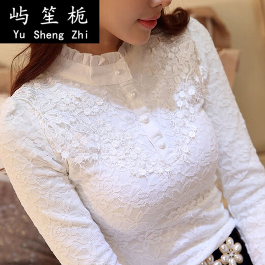 Temperamento Camisa base de encaje de vanguardia para mujeres para mujeres de manga larga más vellón otoño e invierno 2021 nueva camiseta delgada y camisa de moda versátil. Blanco 9928 más lana xl