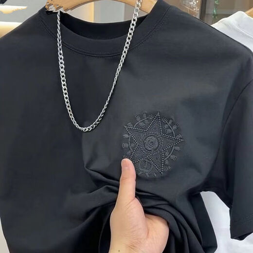 益帛短袖t恤男士夏季韩版潮流修身弹力重工刺绣五分半袖休闲圆领上衣 黑色 XL 【建议115-130斤】