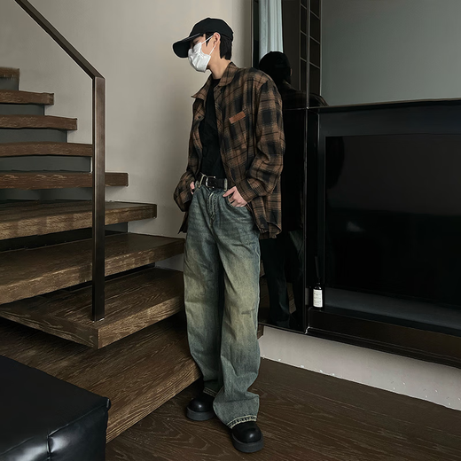 Homlean American retro plaid shirt men's spring and summer Hong Kong style loose casual long-sleeved shirt jacket HL09 coffee plaid 2XL