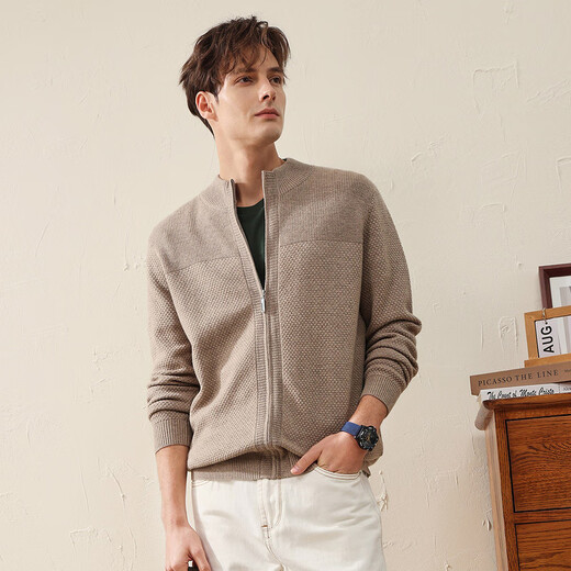 Comon Boca 2024 autumn and winter new solid color zipper wool cardigan jacket men's half turtleneck knitted top earth camel 2XL