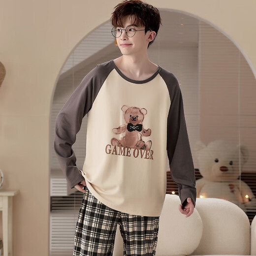 Langsha pyjamas Spring et automne à manches longues à manches longues Coton Pure Coton pour jeunes garçons, étudiants d'âge moyen et vieux Suit d'automne Lyp724 L Small Code 160-165cm / 95-110jin [Jin est égal à 0,5 kg]