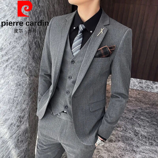 Pierre Cardin's new spring and autumn casual men's suit three-piece Korean version slim-fitting high-end groom's dress suit host knitted X1818 dark gray (suit, trousers) tie