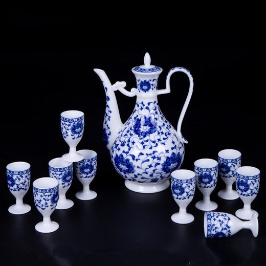 Hongying ceramic blue and white porcelain Chinese style white wine cup set old-fashioned household Jingdezhen ceramic wine set Chinese antique wine jug yellow spirit cup wine divider small wine cup with tray gift box Fuguilian