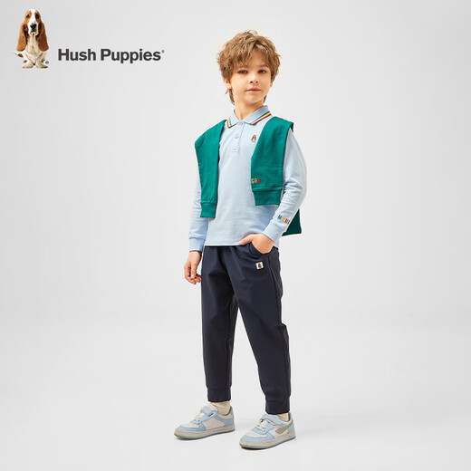 Hush Puppies children's clothing for children, boys and older children, spring and autumn new color ribbed lapels, fashionable and simple long-sleeved POLO shirts, ice crystal blue 120 cm