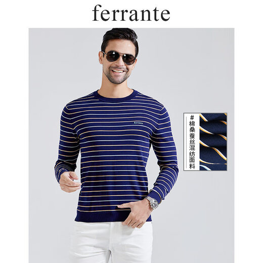 ferranteFerrante费兰特男士时尚休闲条纹针织圆领含桑蚕丝长袖T恤6172-57 蓝条 180/52/XL