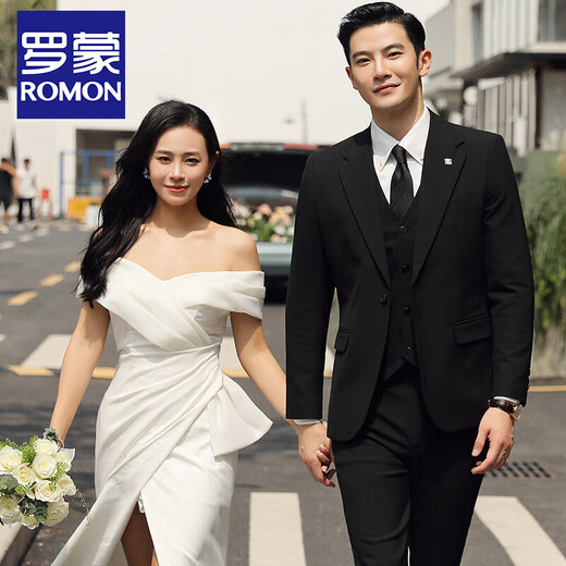 ROMON groom wedding suit men's suit dress British suit three-piece suit Korean version slim business casual professional formal suit TZ850 dark gray one-button suit + trousers + vest XL recommended 125-135 Jin Jin equals 0.5 kg