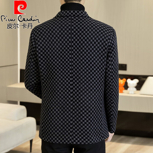 皮尔卡丹春秋季格子毛呢西服男士韩版修身加棉加厚保暖短款呢子小西装外套 加绒 灰色【加厚】 2XL 135-150斤