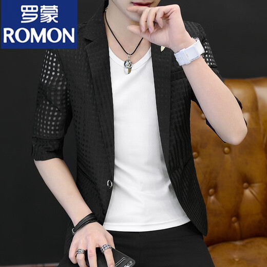 罗蒙（ROMON）镂空夏季西装防晒服薄款七分袖社会小伙精神外套韩版潮流男士透气 小格子白+短白T恤 175/88A (115-135斤)