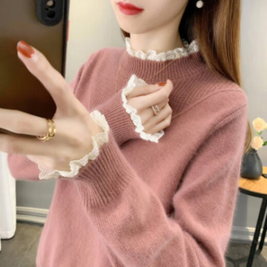 Noxisha knitted sweater for women 2021 spring new women's large size turtleneck thickened loose versatile warm jacket women's bottoming shirt women's top autumn coat pullover thickened sweater leather pink (picture color) Please take the size that suits your height and weight