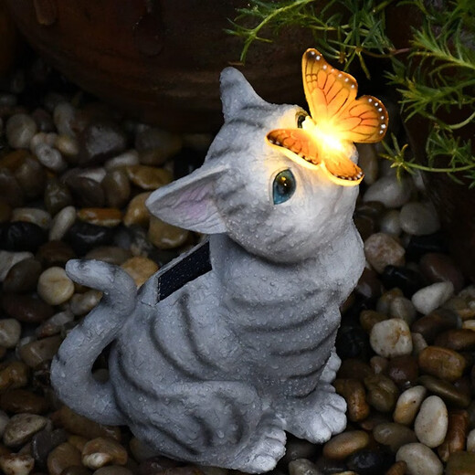 Shiyan Solar Garden Light Creative Simulation Zoo Forest Ornament Garden Landscape Light Outdoor Waterproof Decorative Light Orange Cat Playing with Butterflies