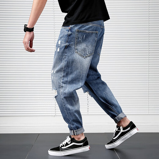 Zehn Kran zerrissene Jeans Männer losen Frühlings- und Sommer-Kumpel-Hosen-Männer abgerissene Bettlerhosen HARUN COW PANS Blue 30 (115-125jin [Jin gleich 0,5 kg]))
