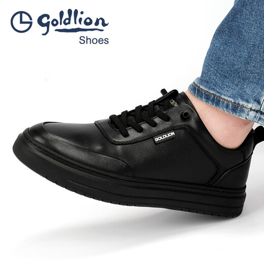 Goldlion men's shoes round-toe men's sneakers simple black cowhide business casual leather shoes for men black 40