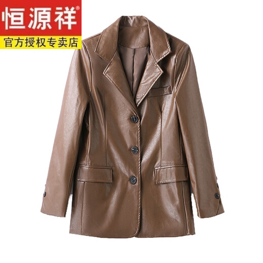 恒源祥海宁真皮皮衣外套港风2023年秋季新款女士西装绵羊皮中长款皮夹克 黑色 XL