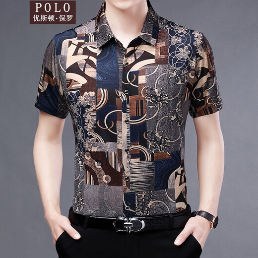 优斯顿·保罗 EUSTON PAUL短袖衬衫男夏季新款中年休闲大码冰丝印花衬衣时尚碎花免烫上衣男 6630灰色 L 建议120-135斤