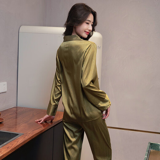 欧凡迪 睡衣女春秋款冰丝性感感长袖套装2023年新款大码夏薄款家居服 6623森林绿 M