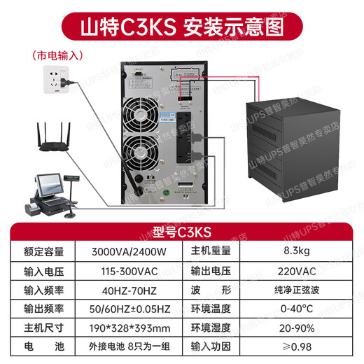 Santa (SANTAK) Santa UPS uninterruptible power supply C3KS 3KVA/2400W online voltage stabilization battery life 2 hours package