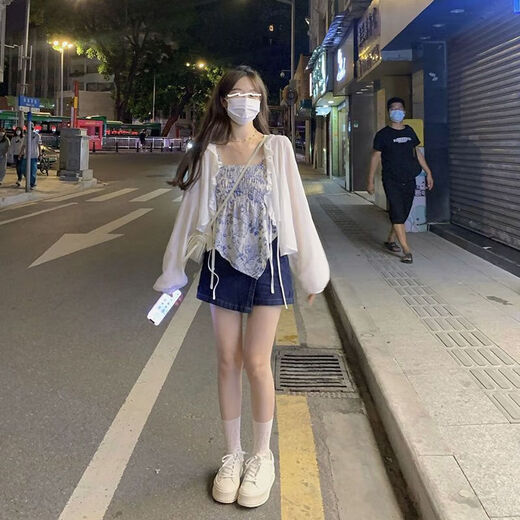 Kaiji Rui Pure Three-Up Women's 2024 Summer Floral Sling White Open Shirt + Denim A-line Skirt Trendy 682# Single Sling L [-110Jin[Jin equals 0.5 kg]]
