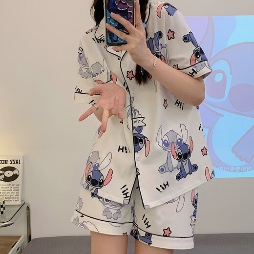 史迪仔三件套睡衣女短袖短裤长裤棉夏季2025年新款学生可爱卡通 14126#黄色拉布布 三件套 M  80-100斤