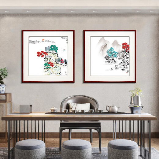 Zi Teng Suixuan modern new Chinese ink landscape painting restaurant dining room hanging painting living room decorative painting entrance bedroom Chinese style mural Picture 1 50*50cm mahogany color solid wood frame