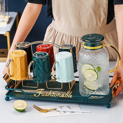 Qipai Nordic light luxury water set for home living room hospitality cup tea set teapot cup kettle cold kettle set high-end ceramic water cup with handle high temperature resistance with tray light luxury water set 9 pieces + 6 spoons 552