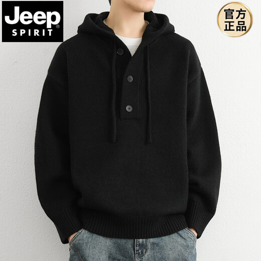 JEEP SPIRIT套头连帽毛衣男秋冬季外套2024新款纯色针织衫内搭男软糯百搭毛衫 深灰 L 约115-125斤可穿