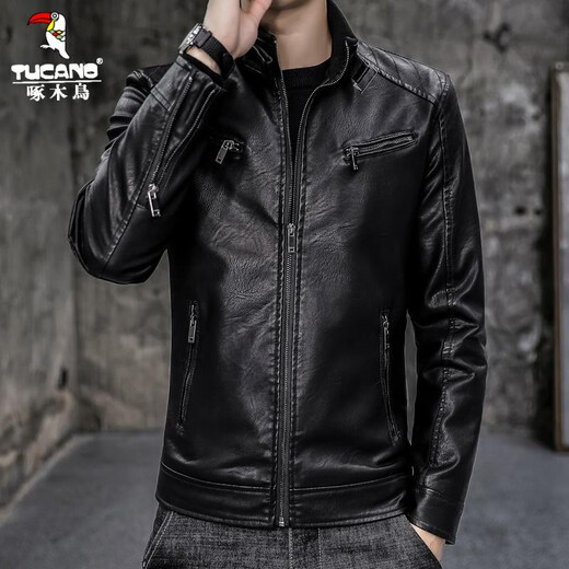 Woodpecker leather jacket men's jacket spring and autumn jacket men imitation leather PU leather motorcycle men business casual trend leather jacket men 609A black L [110-130Jin [Jin equals 0.5 kg]]